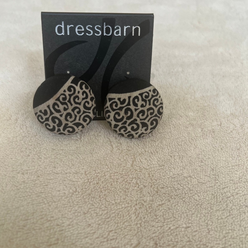 Dressbarn Black Tan Fabric Scroll Print Button Stud Earrings Round Oversized New